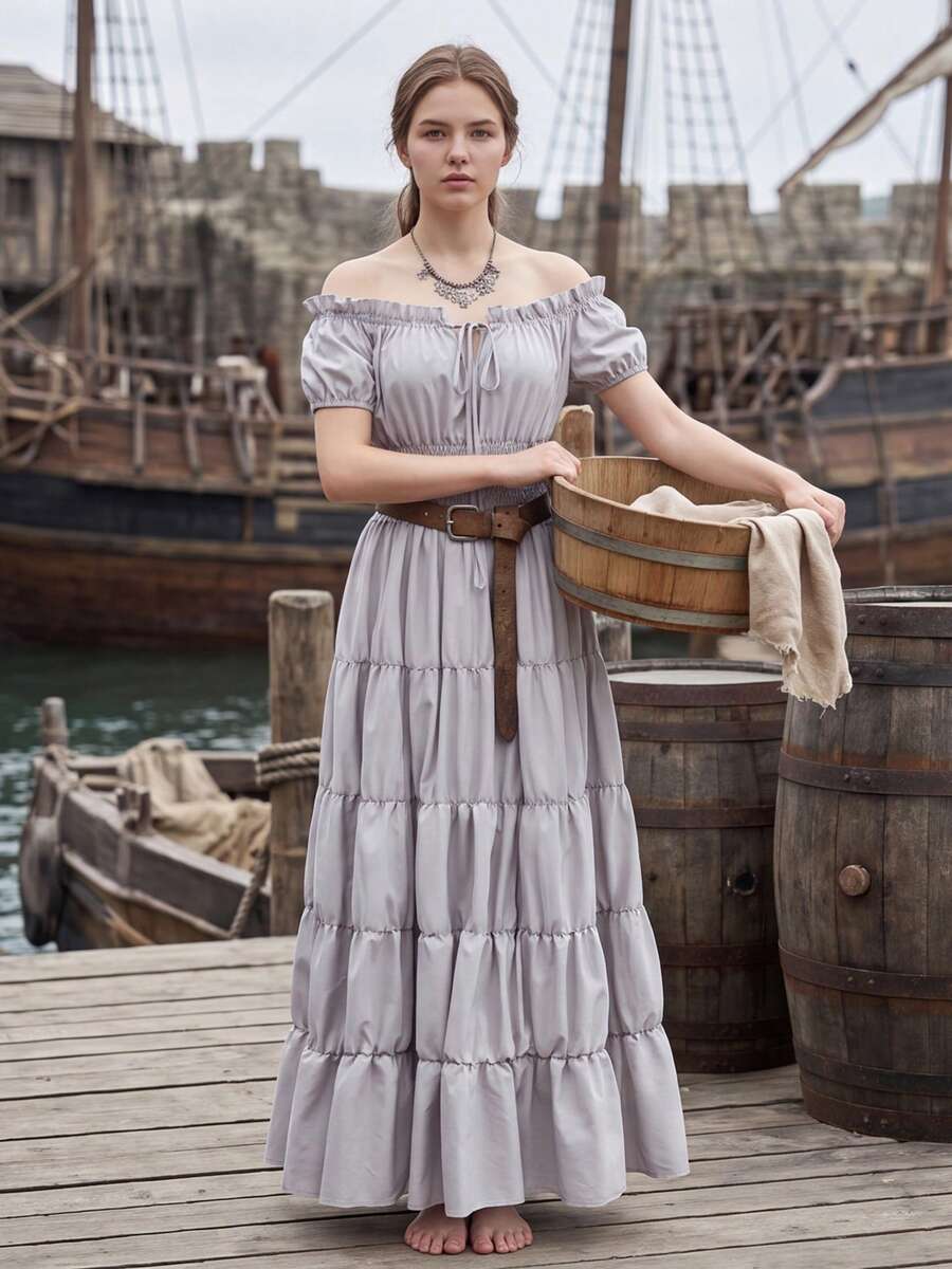 Female Elegant Evening Dress, Off-Shoulder Princess Sleeve With Ruffled Edges, Suitable For Vacation Outfits And Graduation Parties, Renaissance Theme - 灰色 - 查看 1