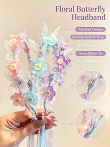 Children's Braided Hairband Flower Crown Headband For Girls, Princess Style Fairy Ribbon Hair Clip Head Accessory - 彩色 - 查看 4
