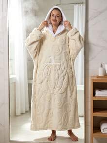 Hooded Pumpkin Wearable Blanket Bathrobe, Suitable For Cold Weather, Multiple Colors Available: Beige, Light Gray, Navy Blue, Orange Red, Pumpkin Embossed Pattern, Heavyweight Thickened Flannel Lining With Lamb Fleece, Long Pile Texture - Multicolor - View 7