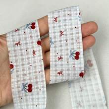 2 Yards Cherry Bow Print Light & Dark Plaid Mesh Ribbon, Bouquet Decoration Satin Ribbon, Suitable For Handmade Bouquets, Gift Wrapping, Gift Ribbon, Floral Ribbon, Wedding Gifts, Crafts, Bows - 1PC Blue - View 3