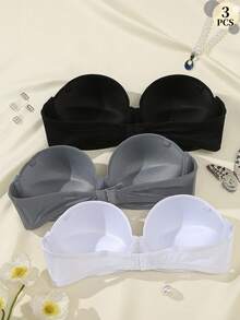 3pcs/Set Women's Smooth Strapless Bra With Detachable Transparent Shoulder Straps, Anti-Slip Push-Up Versatile Cold Shoulder Bra - Multicolor - View 2