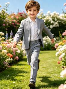 Boys 2-Piece Formal Suit Set, Blazer + Dress Pants, Gentleman Style, Suitable For Weddings, Birthday Parties, Stage Performances And Other Formal Occasions, Light Gray, 4-16 Years Old - Grey - View 5