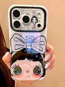 1pc Cute Doll Phone Case, High-Definition Printing Glitter Lens Frame + Large Bow Pattern, Scratch-Resistant Wear-Resistant Full Coverage Soft Shell, Compatible With Apple 17/16/15/14/13 Pro Max, Sweet And Cute Style, Daily Anti-Drop And Anti-Scratch Protection - Black and White - View 2