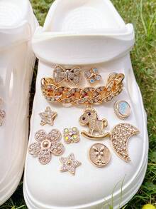 22pcs Gold Pony Moon Star Bow Shoe Charms DIY Detachable Shoe Decorations ABS Rhinestone Chain Shoe Accessories Suitable For Clogs Women Sandals Slippers Beach Shoes, Holiday Gift - Gold - View 5