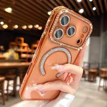 Gold-Plated Shiny Diamond Rhinestone Magnetic Wireless Charging Phone Case, Compatible With IPhone 17 Pro Max; Soft Shell, Compatible With 11-17 Series - Orange - View 4