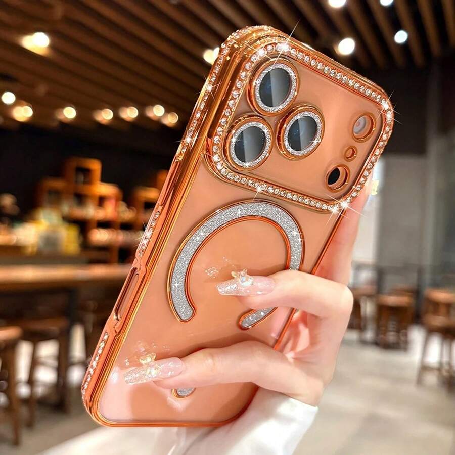 鍍金亮面鑽石水鑽磁吸無線充電手機殼,相容 iPhone 17 Pro Max,軟殼,相容 11-17 系列 - 橘色 - 查看 1
