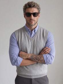 Men's Casual Daily Workplace Commute Minimalist Versatile Solid Color V-Neck Sweater Vest Layering Tank - Grey - View 2