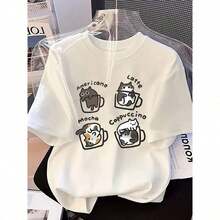New Women's Casual Short-Sleeved T-Shirts Featuring Coffee And Tea Cat Designs.Cat T-Shirts, Summer Apparel.White - White - View 3