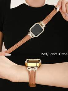 1pc Luxury Rose Gold Diamond Bow Watch Band + Double Row Rhinestone Hollow Watch Case Compatible With Apple Watch 38/40/41/42/44/45/46/49mm/Ultra/SE/11-1 Series, Suitable For Spring/Summer Wear, Back To School Gift, Fashion Women Accessory, Brown Band + Gold Case, Smart Watch Band Accessory Set - Brown - View 2