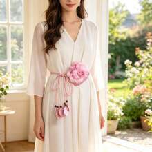 1Pc Boho Chiffon Floral Knotted Waist Sash, Versatile Wax Rope Tassel Tie Belt, Adjustable Summer Beach Wedding Dress Decor For Women - Floral Waist Tie - View 5