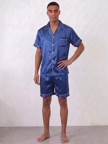 Snug League Conjunto de pijama de satén para hombre de 2 piezas, incluye pantalones cortos, chaqueta de dormir de seda, top cárdigan de manga corta con botones - Azul - Ver 11