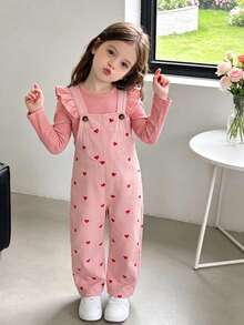 Girls Baby Autumn/Winter Pink Ribbed Long Sleeve Top & Digital Print Overalls 2 Pieces Set, Suitable For 4-7 Years Old - Pink - View 1