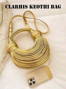 Ladies Luxury Shiny Gold Strap Design Crescent Handbag, Knotted Wrapped Handle Detachable Crossbody Strap For Formal Events Daily Styling - Gold - View 7