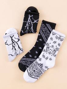 1/5/10 Pairs Black & White Retro Lightning Print Unisex Mid-Calf Socks, American Streetwear Breathable High-Elastic Skateboard Basketball Chunky Sneakers Slouch Socks - Black and White - View 3