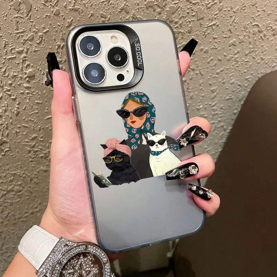 Cartoon Cute Cat Headscarf Women Phone Case For IPhone 17 13 12 Mini 11 Pro Max 16 15 14 Plus Pro Max Shockproof Laser Case - CH-Black NRYM 4 - 查看 1