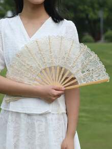 1pc Vintage Style Lace Decorated Women's Fan, Bridal Shower Decor, Wedding Photo Prop, Atmosphere Creator, Daily Photo Prop, Perfect For Matching With Bridal Gown. Can Create A Romantic Wedding Atmosphere And Also Serve As An Exquisite Decorative Item - Vintage Style Lace Decorated Women's Fan - View 7