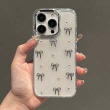 極簡銀色紋理小蝴蝶結與金屬珠金屬框架設計手機殼，適用於 iPhone 16/16Plus/16Pro/16ProMax/15/14/13/12/11/X/XS/XR/Mini/Pro Max/Pro/Plus TPU 全包覆軟殼 - 銀色 - 查看 1
