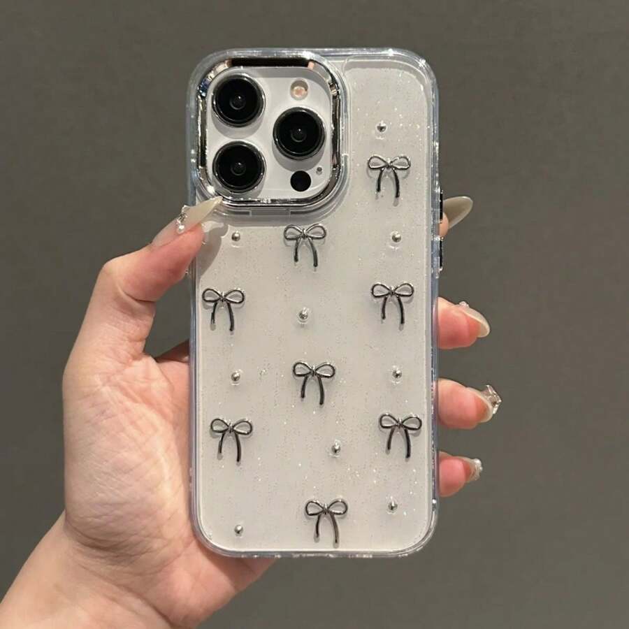 極簡銀色紋理小蝴蝶結與金屬珠金屬框架設計手機殼,適用於 iPhone 16/16Plus/16Pro/16ProMax/15/14/13/12/11/X/XS/XR/Mini/Pro Max/Pro/Plus TPU 全包覆軟殼 - 銀色 - 查看 1