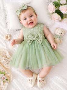 Summer Baby Girls Cute Textured Snowflake Pattern Bow Decor Mesh Dress - Mint Green - View 1