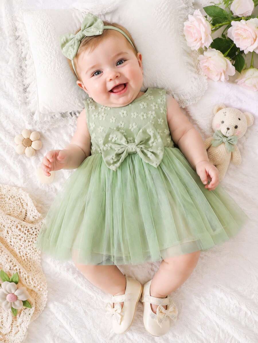 Summer Baby Girls Cute Textured Snowflake Pattern Bow Decor Mesh Dress - Mint Green - View 1