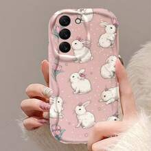 Creative White Rabbit & Flower Pattern Creamy Wavy Asymmetric Edge Protective Phone Case Compatible With Samsung A14/A15/A16/A17/A04/A05/A06/A07/A54/A55/A56/A57/A34/A35/A36/A37/S26/S26Plus/S26Ultra/Transsion SMART7/8/9/10/Honor 400/400Pro/200/200Pro/X7C/X8C/X9C/ 10C/13C - White - View 7