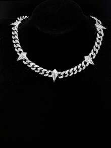 European & American Hip Hop Full Rhinestone Diamond Rhombus Spike Patchwork Cuban Chain Necklace & Bracelet Set, Heavy Rhinestone Studded Thick Chain, Unisex Rap Street Style Accessories, Gold & Silver Dual Colors Available - Spiked Cuban Link Chain - View 10