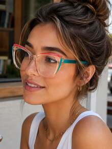 Colorful Contrast Transparent Flat Lens Glasses, Rounded Square Frame Design, Red And Green Color Block Temples, Vintage Fashion Daily Commute Accessory - Multicolor - View 7
