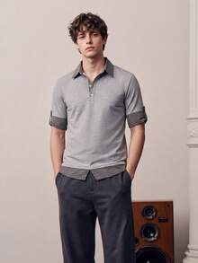 Men's Gray Contrast Trim Polo Shirt, 2 In 1 Short Sleeve Casual Knit Top - Grey - View 8