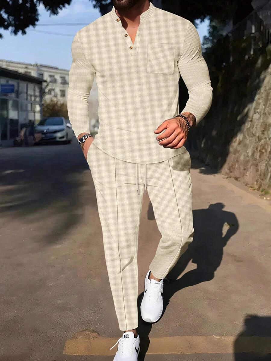 Men's 2-Piece Set, Textured Pocket Stand Collar Long Sleeve Polo Shirt And Drawstring Pants, Casual Outfit For Daily Commute, Vacation Travel, Outdoor Walking - Khaki - View 1
