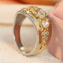Vintage Style Asymmetrical Dual-Tone Ring With Round Synthetic Zirconia, Fashionable And Elegant Daily Accessory - Two-color - View 4