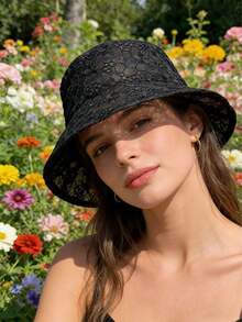 1pc Women's Summer Lace Bubble Flower Foldable Sun Protection Bucket Hat, White Color Fashionable Versatile Delicate Breathable Hollow Out Bucket Hat - Multicolor - View 5