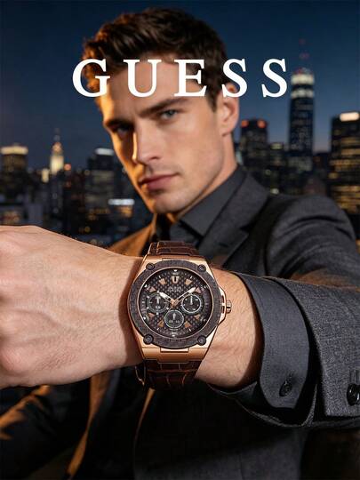 Guess Men's Watch Chronograph Quartz Leather Band Textured Bezel Rose Gold Tone Case Stylish Accessory For Evening Outing And Business Casual Events