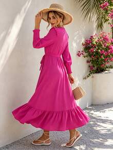 Joyfunear Gaun Maxi Wanita Warna Polos, Leher Bulat, Lengan Panjang, dan Hem Berkerut, Elegan dan Modis untuk Musim Semi/Panas - Hot Pink - View 2