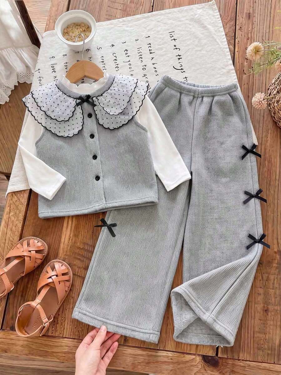 Girls' Mesh Embroidery Oversized Collar Knit Vest, Ruffle Trim Mock Neck Fashion T-Shirt, And 3D Bow Knit Loose Shorts - Grey - View 1