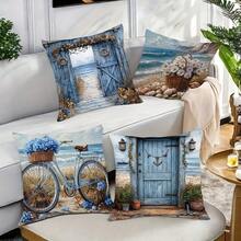 4 vỏ gối chủ đề đại dương, họa tiết cửa gỗ màu xanh và lối dẫn ra biển, 17.7*17.7 inch, in một mặt, phù hợp trang trí nhà và sofa, giặt máy được, có khóa kéo, không kèm ruột gối - Nhiều màu - Xem 4