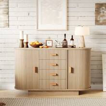Mueble Buffet de Roble Natural de 47 Pulgadas con Gran Almacenamiento, Mueble Bar de Café Moderno de Madera con 4 Cajones y 2 Puertas Correderas Curvas, Aparador Multiusos para Cocina y Salón - Roble claro - Ver 7