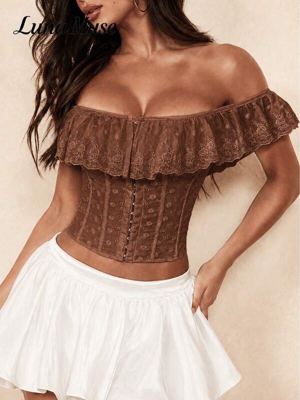 Luna Muse Women's Spring/Summer New Off-Shoulder Embroidered Bandeau Corset Top, Vintage Court Style Boned Slim Fit Bustier, Sexy Sweet Girl Sexy Eye-Catching, Ruffle Shoulder Design, Elegant High-End Feel, Suitable For Daily, Casual, Banquet, Vacation, Date, Street, Performance, Show, Outdoor, Back To School, Ballet Style, Music Festival, Valentine's Day, Halloween, Christmas, Summer Party, Clubbing, Party Wear