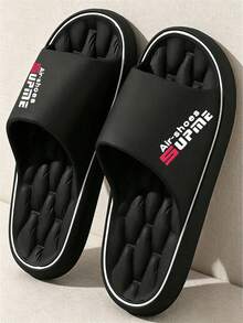 Fashionable New Men's Slippers, Diagonal Letter Patch Design Sporty Style, Unisex Couple Home Slippers, Suitable For Beach/Indoor/Outdoor Sports/Poolside, Comfortable For Long Wear, Casual Versatile Style - Black - View 8