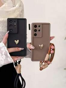 1pc Minimalist Luxury INS Black Phone Case With 3D Gold Heart Detachable Braided Wrist Strap, Premium Protective Shell For Girls, Compatible With Apple 11, 12, 13, 14, 15, 16, 17 Pro Max, Simple Dark Chic Style Designed For Women And Girls - Brown - View 3