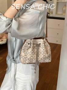 Beige Grid Stitched Mini Bucket Bag, Brown Leather Top Handle Silver Chain Drawstring Closure Soft Faux Suede Handbag For Daily Outings - Beige - View 6