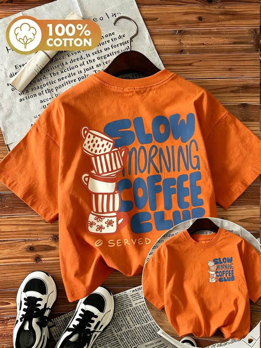 Women's Double-Sided Print Coffee Cup Tee, Hand-Painted Style "Slow Morning Coffee Club" Graphic, Round Neck Short Sleeve 100% Cotton Summer Top - 橘色 - 查看 1