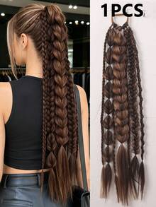 24 Inch Long Brown Mixed-Color Synthetic Curly Braided Ponytail Wig For Women, Including Flipped Braids, Plaits, Fishtail Braids, And Elastic Hair Ties. Suitable For Everyday Wear, Braided Extensions, And Voluminous Hairstyle Accessories., Halloween - Multicolor - View 14