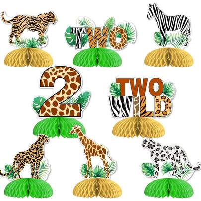 TWO WILD Safari Birthday Honeycomb Centerpieces 8pcs Jungle Safari 2nd Birthday Decorations Table Decors Animal Print Second Bday Decor Wild Animal Cheetah Leopard Zebra Giraffe Party Supplies