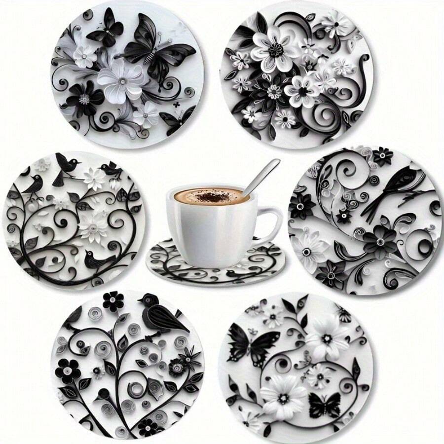 6pcs Black & White Floral Art Acrylic Coasters, Suitable For Patio Table, Kitchen, Living Room - Best Gift For Friends And Family - Multicolor - View 1