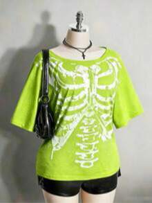 2026 Summer Collection,Retro Gothic Plus Tee: Distressed Skull & Rose, Y2K Punk Style, Sizes S-7XL, Ships 24H - 螢光綠 - 查看 16
