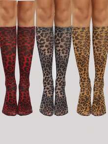 3 Pairs Leopard Print Calf Socks, Women's Leopard Print Knee-High Socks, Unisex Compression Socks, Leopard Print Long Socks - Multicolor - View 1