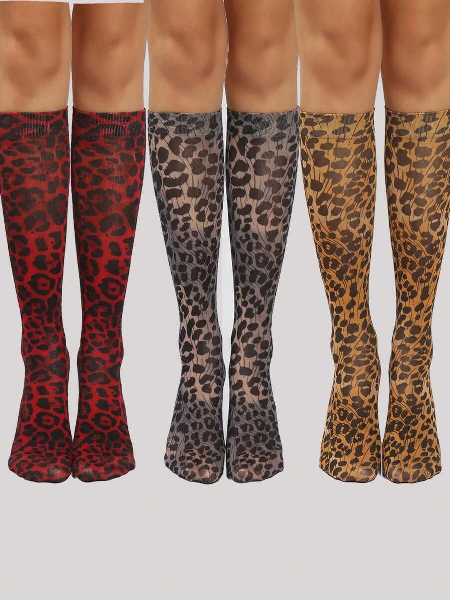 3 Pairs Leopard Print Calf Socks, Women's Leopard Print Knee-High Socks, Unisex Compression Socks, Leopard Print Long Socks - Multicolor - View 1