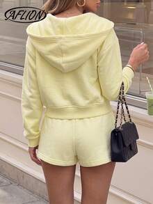 2 Pieces Outfit Women Summer Fall Pale Yellow Set, Long Sleeve Zip Hoodie With Pockets & Drawstring Shorts, Casual For Outdoor, Dating & Home Wear - Yellow - View 2