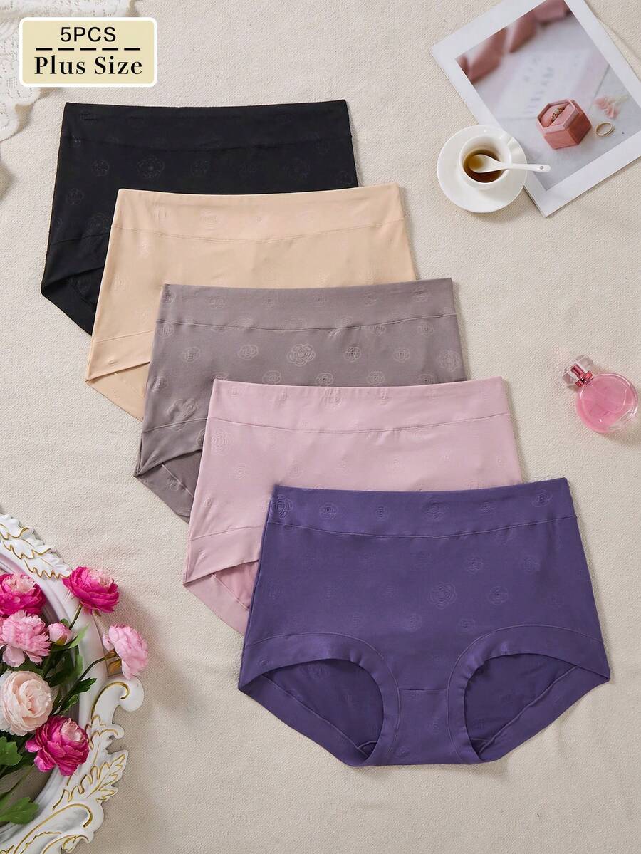 5pcs/Pack Plus Size High Waist New Rose Embossed Print Multicolor Triangle Panties - Multicolor - View 1