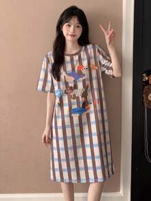 格子印花圆领女士睡袍，休闲轻薄短袖家居服，适合春夏穿着 - 藍色 - 查看 2